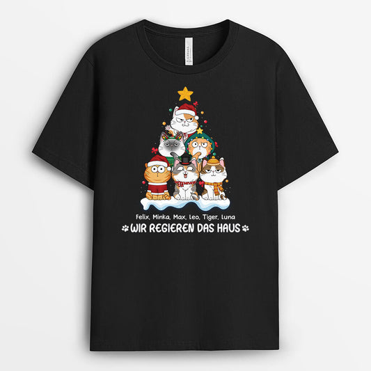 3425AGE1 wir regieren das haus personalisiertes t shirt mit verspielten katzen weihnachtsbaum
