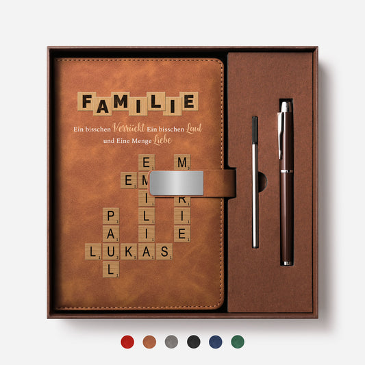 3446MGE1 familie etwas verruckt etwas laut und ganz viel liebe personalisiertes kreuzwortratsel geschenk uv druck notizbuch mit stift 3446mosv5i_1