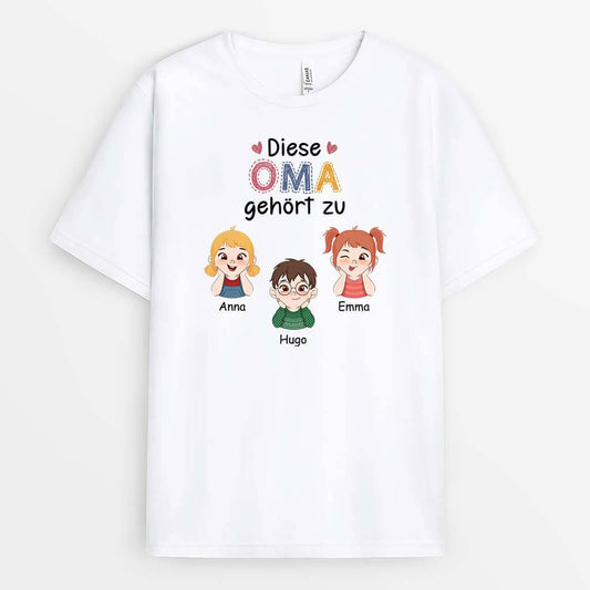 3452AGE1 diese oma gehort zu personalisiertes t shirt fur omas mit kinder cartoon und schriftzug in bunten farben