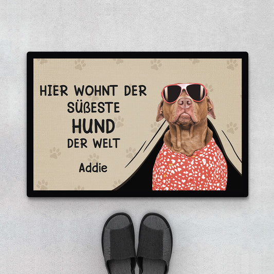 3542DGE1 hier wohnt der susseste hund der welt personalisierte fussmatte fur hundeliebhaber