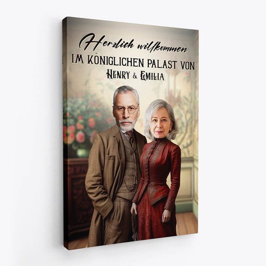 3680CGE2 herzlich willkommen im koniglichen palast von personalisierte leinwand fur paare mit foto im vintage stil