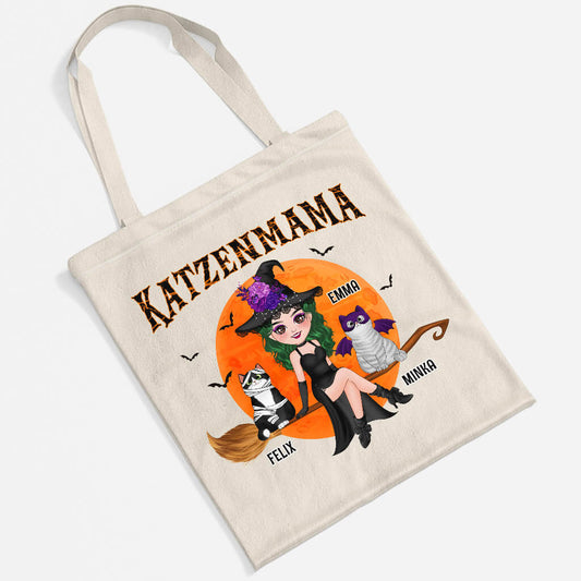 1310BGE2 personalisierte katzenmama mit besen halloween tragetasche