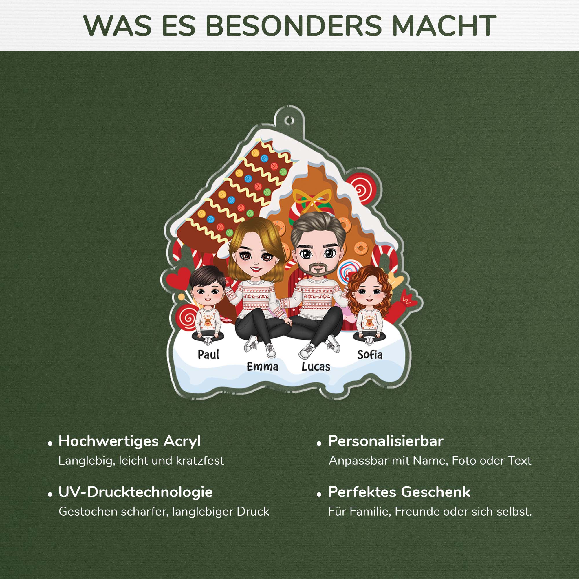 1558OGE4 personalisiertes niedliche familie sitzt am weihnachtslebkuchenhaus ornament