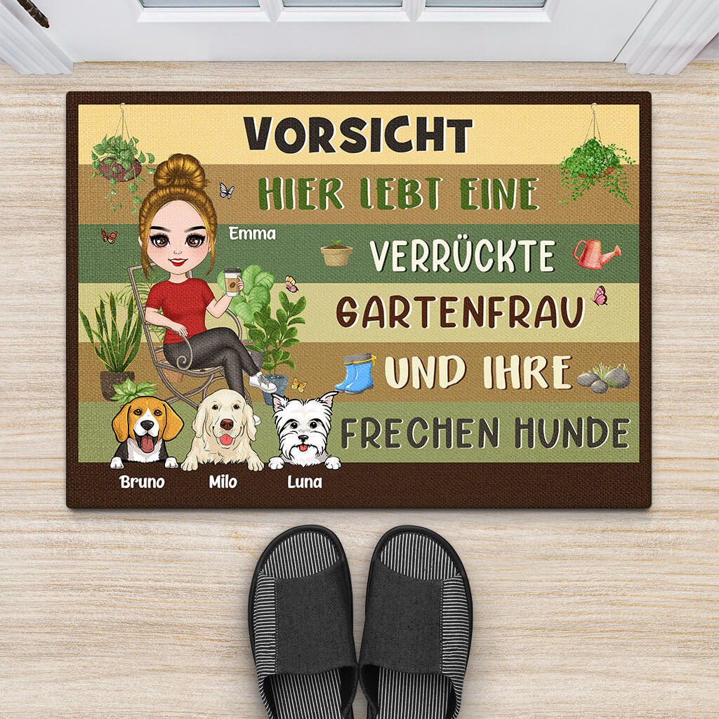 1856DGE2 personalisierte vorsicht_ hier wohnen eine verruckte pflanzenfrau und ihre frechen hunde fussmatte