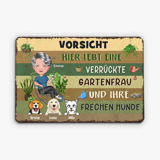 1856EGE1 personalisiertes vorsicht_ hier wohnen eine verruckte pflanzenfrau und ihre frechen hunde turschild