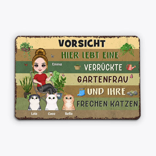 1856EGE1 personalisiertes vorsicht_ hier wohnen eine verruckte pflanzenfrau und ihre frechen katzen turschild