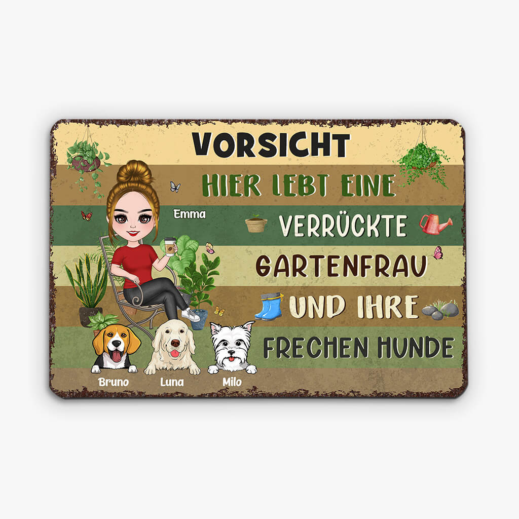 1856EGE2 personalisiertes vorsicht_ hier wohnen eine verruckte pflanzenfrau und ihre frechen hunde turschild