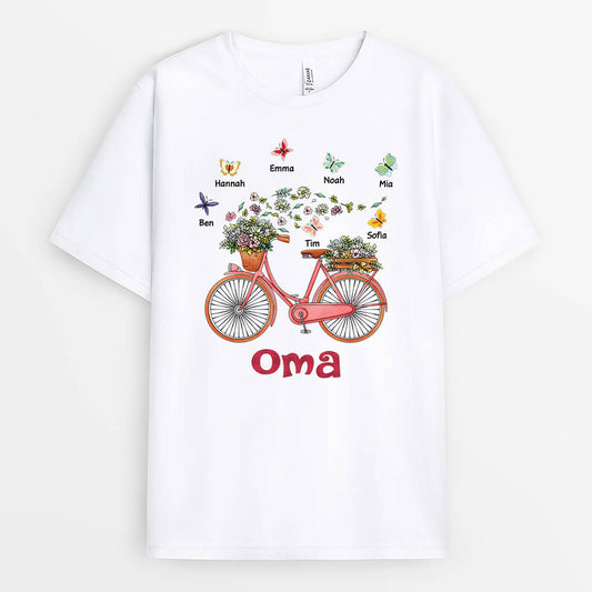 1933AGE1 personalisiertes mama oma blumen_ schmetterlinge _ fahrrad t shirt