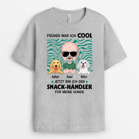 1987GE2 personalisiertes fruher war ich cool jetzt bin ich der snack handler fur meine hunde t shirt