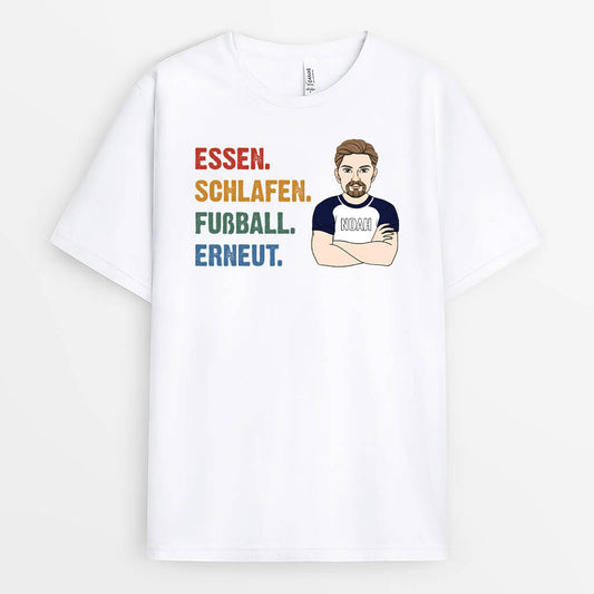 2074AGE1 personalisiertes essen schlafen fussball wiederholen t shirt
