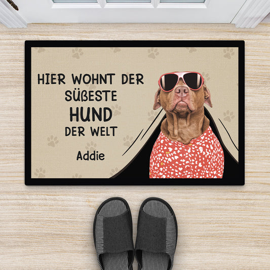 3542DGE2 hier wohnt der susseste hund der welt  personalisierte fussmatte fur hundeliebhaber