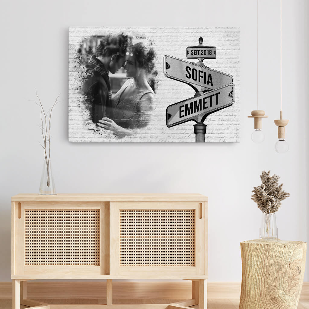 3675CGE3 stra_enschild im vintage stil  perrsonalisierte leinwand f_r paare mit foto