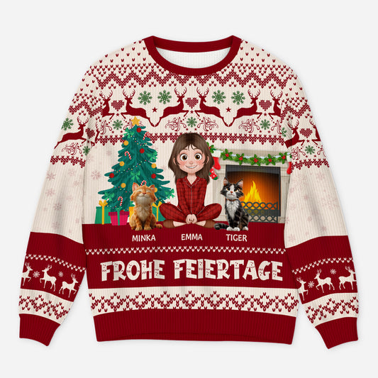 5644WGE1 frohe feiertage weihnachtspullover katze personalisiert_ 5644WTLND