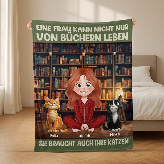6239BGE2 eine frau kann nicht nur von buchern leben sie braucht auch ihre katze kuscheldecke personalisiert_ 6239B8LZD