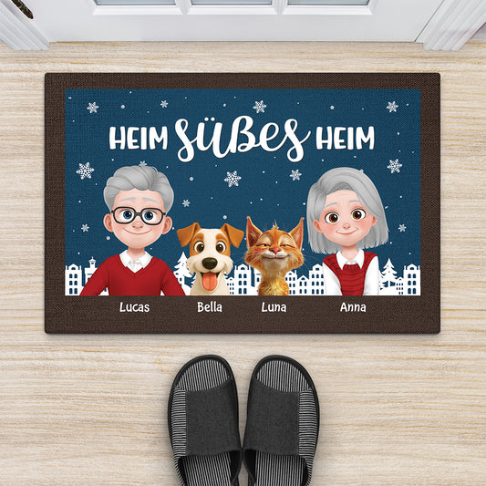 6943DGE2 eigenheim gluck allein personalisierte fussmatte familie mit hund und katze_ weihnachten 6943D3YTI