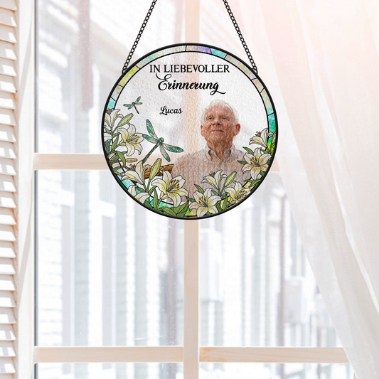 7676UGE2 ich bin immer bei dir rotkardinal personalisierte trauergeschenke  buntglas sonnenfanger foto papamama 7676u3taa
