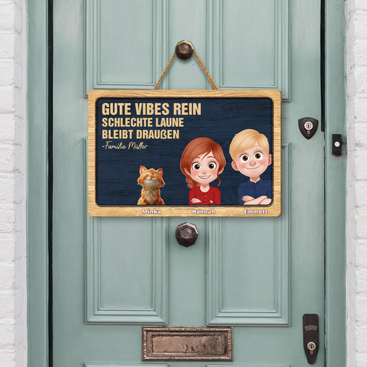 7744QGE2 gute vibes rein schlechte laune bleibt draussen personalisierte geschenke familie  holzschild mit hund  katze 7744qtkhi