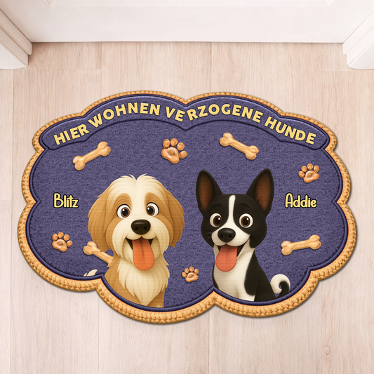 8558AGE1 hier wohnen verzogene hunde personalisiertes hunde geschenk  fussmatte unregelmassige form 8558adavrc_1